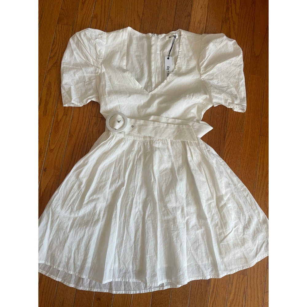 Day Moon‎ Dress Womens Medium White Flared Mini Belted V-Neck Puff Sleeve Bride
